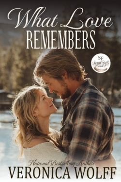 Book cover for What Love Remembers by Veronica Wolff, showing a couple standing close together in a warm, outdoor setting.